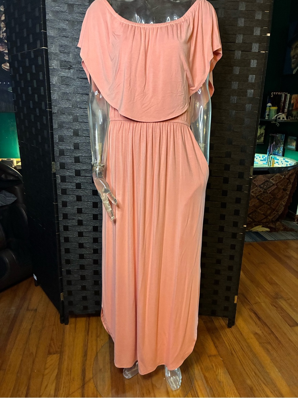 Sugarlips Peach Off-Shoulder Maxi Dress with Pockets